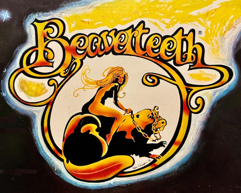 back cover artwork for Beaverteeth's self-titled debut album including a naked woman riding atop a giant beaver